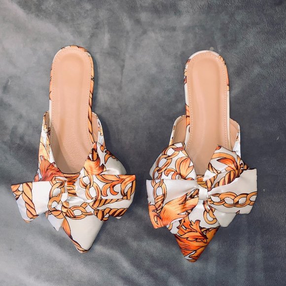 Shoes - Versace Style Flats - White & Orange with a Gold Heel